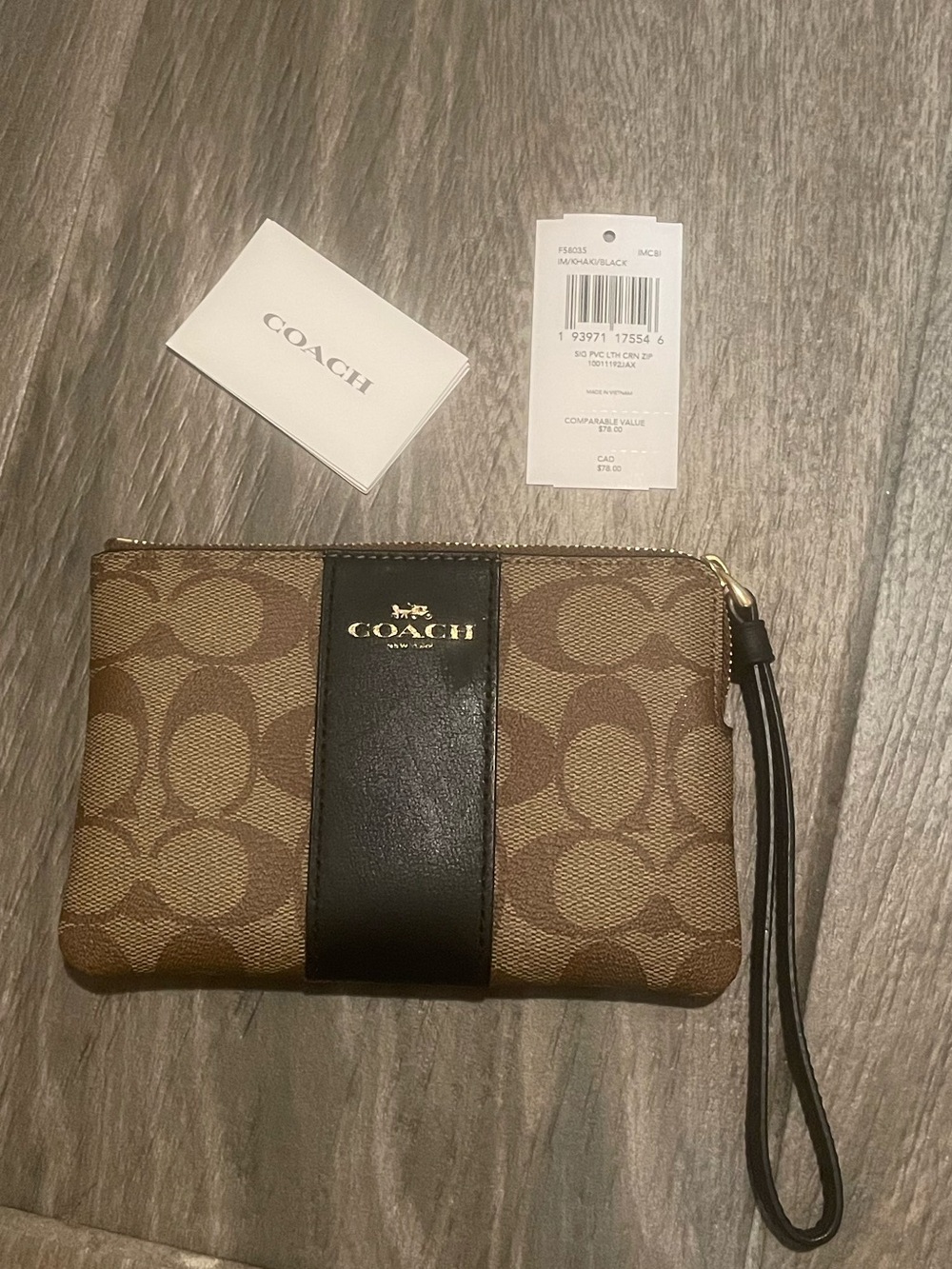 Coach Brown Signature Canvas Wristlet with Black Center Stripe